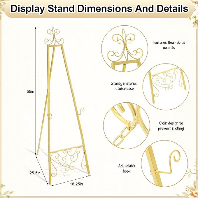 Gold Easel Stand for Wedding Sign, 55'' Adjustable Vintage Scroll Floor Display Stand with Chain Support for Welcome Poster, Art, Photo, Decorative Event Display