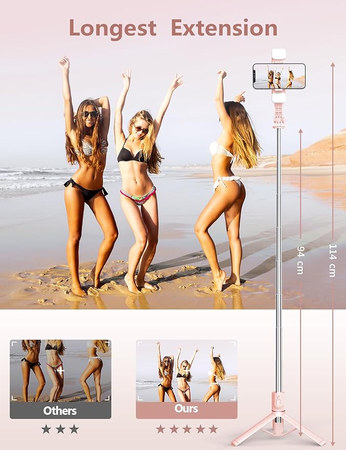 Selfie Stick with Light, 45'' Selfie Stick Tripod with Wireless Remote, Portable Travel Phone Tripod Compatible with iPhone 15 Pro Max/15/14 Pro/14/13, Samsung S22/ S23 Ultra/Android Smartphone (Pink)