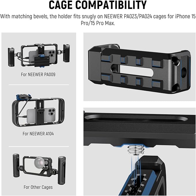 Neewer T5 T7 T9 SSD Holder Mount Bracket for iPhone 16 15 Pro Max Phone Cage PA023 PA024, 2.2"-3"/55-75mm SSD Clamp Compatible with Samsung with 1/4" Screw Anti Twist Bevel Edge, Cold Shoe, UA051