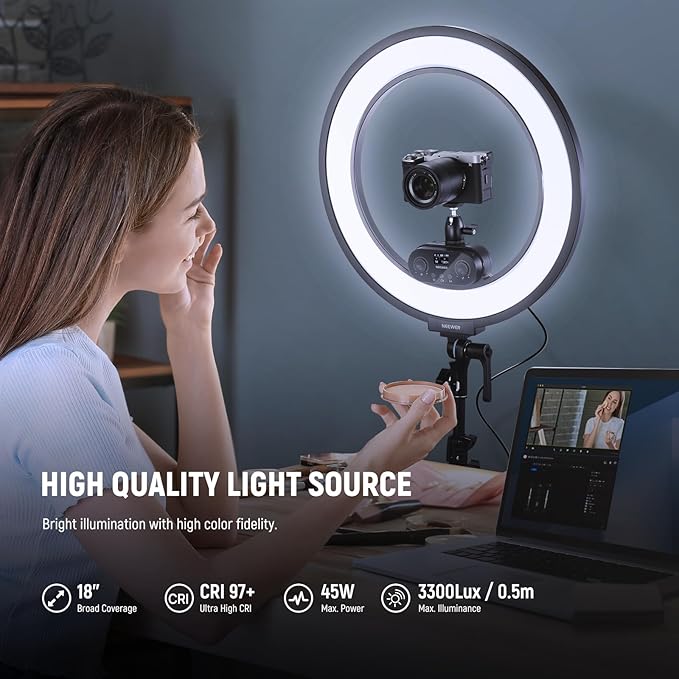 NEEWER 18 Inch Edge Lit Ring Light with Tripod Stand Phone Holder Compatible with iPhone for Video Recording Selfie Makeup Studio Streaming, 45W 2900-7000K APP 2.4G Control Ringlight Lighting, RL45B