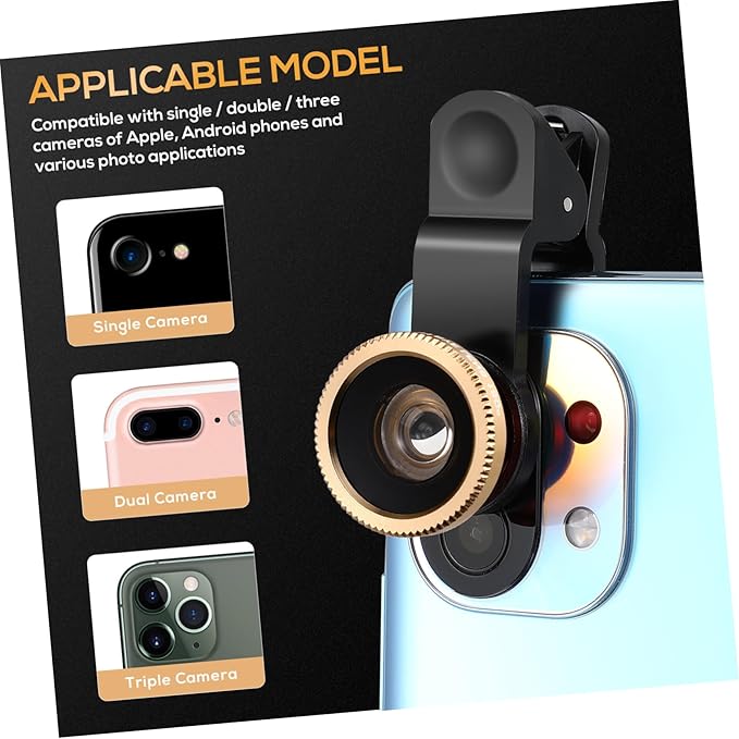 Mikikit Universal Portable Cell Phone Camera Lens Kit Super Wide Angle Macro Fisheye Clip Lens Golden Compatible Smartphones