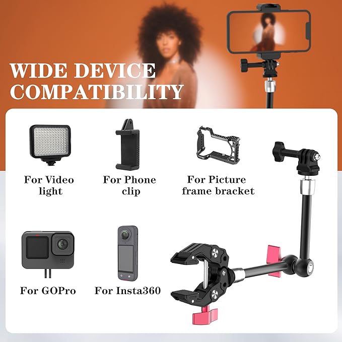 Taisioner 9.8" Magic Arm Clamp Kit with 1/4" 3/8" Screw 360° Ball Heads Articulating Arm with Super Clamp Camera Monitor Mount for Light Monitor Webcam or Camera 1.5kg for Table Tube
