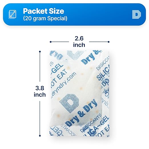 Dry & Dry 20 Gram [60 Packs] Orange Indicating(Orange to Dark Green) Mixed Silica Gel Packets - Food Safe Rechargeable Silica Packets Desiccants Silica Gel Packs Silica Gel Packets