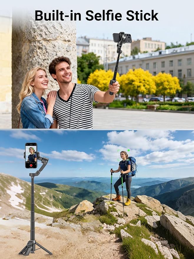 AOCHUAN 360° Pan Rotation Gimbal Stabilizer for iPhone, Magnetic Remote Control, 3-Axis Stabilizer w/Built-in Extension Rod & One-Touch Open Tripod, 3-in-1 Foldable Phone Gimbal for Vlogging, Travel