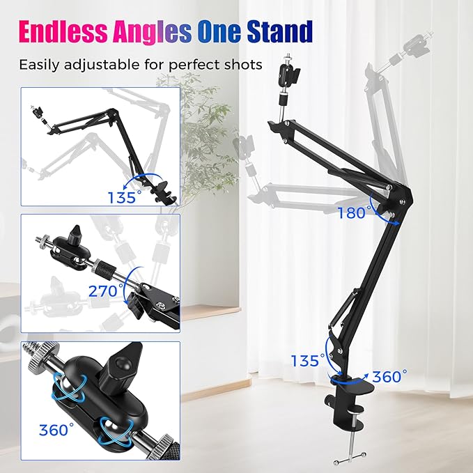 30" Magic Arm Holder w Clamp - Overhead Phone Mount for Desk, Smooth 360° 1/4" & 5/8" Thread Webcam Stand for Phone, Tablet, Webcam, Mic, Camera - Content Creators & Streaming