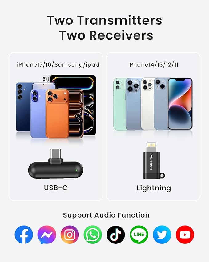 VENTION Mini Wireless Microphone for iPhone 17/16/15 Pro Max, USB C Bluetooth Microphone for Android/Camera, Ai Noise Cancelling Lavalier Mic with 24H Charging Case for Video Recording Vlogging
