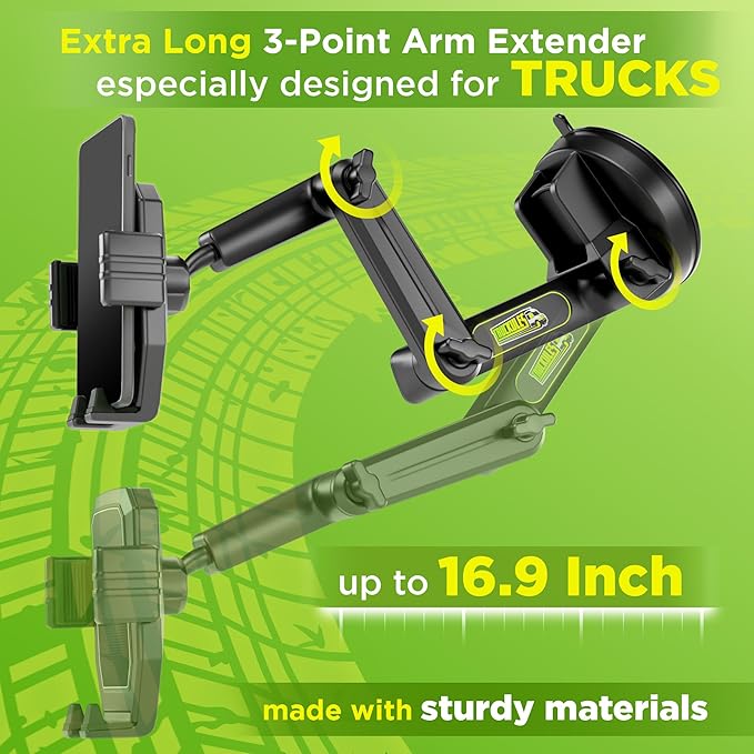 Cell Phone Mount for Truck Phone Holder for Truck Drivers - Heavy Duty Suction Cup + Dashboard Pad, iPhone Holder for Dashboard Window 16.9 inch Long, for iPhone & Samsung, Big Rig Trucker, Black