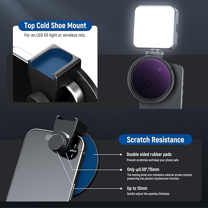 NEEWER 67mm Clip On Variable ND Filter Kit with Cold Shoe Phone Clip, Adjustable ND2-32 Filter Compatible with iPhone 17 16 15 Pro Max Plus Android Samsung Galaxy S24 S25 Ultra