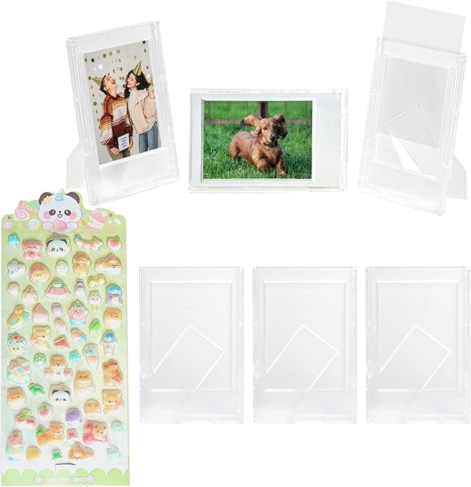 JOYZO 2x3 Picture Frames for Fujiiflm Instax Mini Film, Mini Frosted Clear Desk Picture Display, 6 Pack Small Photo Frames with Protective Covers and Super Cute 3D Puffy Stickers