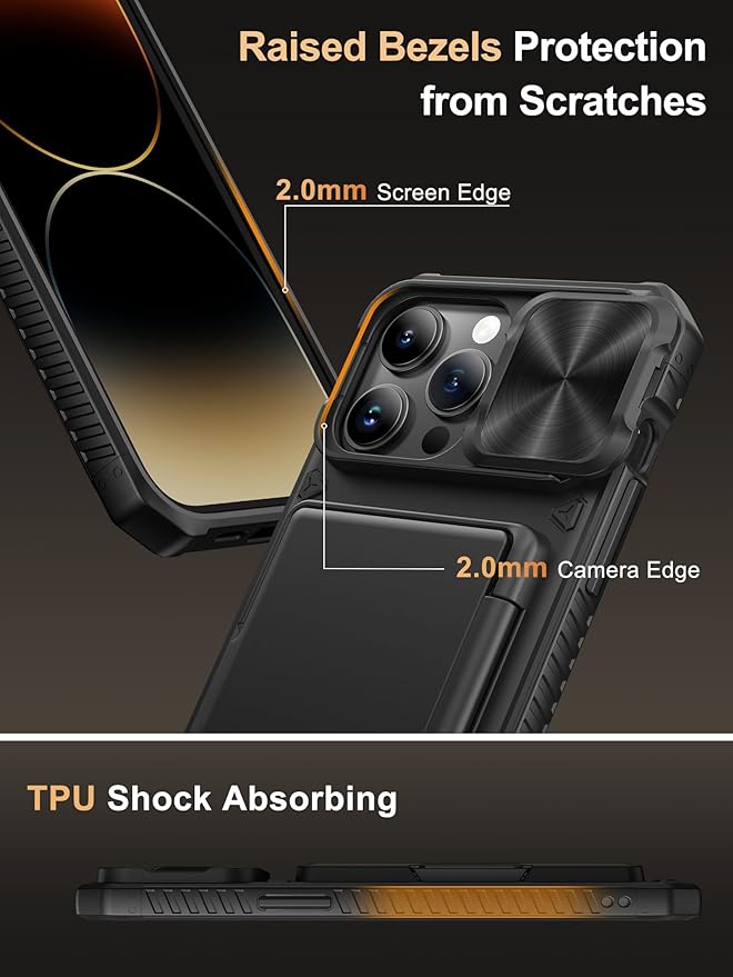 Vihibii for iPhone 14 Pro Max Case with Card Holder (4 Cards) [RFID Blocking] & Slide Camera Cover, Military Grade Drop Protection, Rugged Hard Back & Silicone Edge Wallet Case, 6.7" 2022, Black