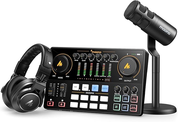 MAONO Podcast Equipment Bundle: Audio Interface mixer with Dual XLR Input for Podcast Streaming - MaonoCaster E2 GEN2+PD100+MH700