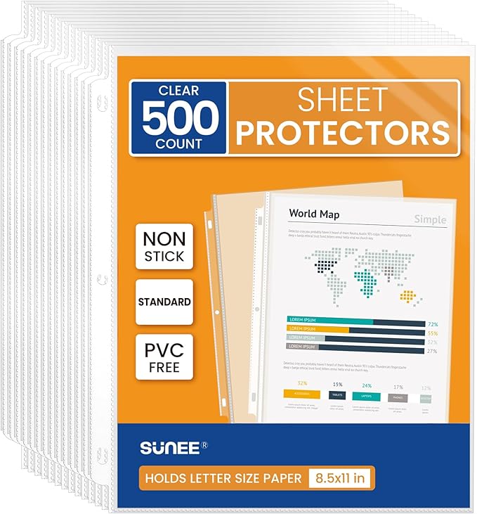 SUNEE Sheet Protectors 500 Packs for 3 Ring Binder, PVC-Free Clear Page Protectors 8.5x11 Inches Plastic Cover for Paper, Documents, Photos, Top Loading Binder Sleeves Letter Size