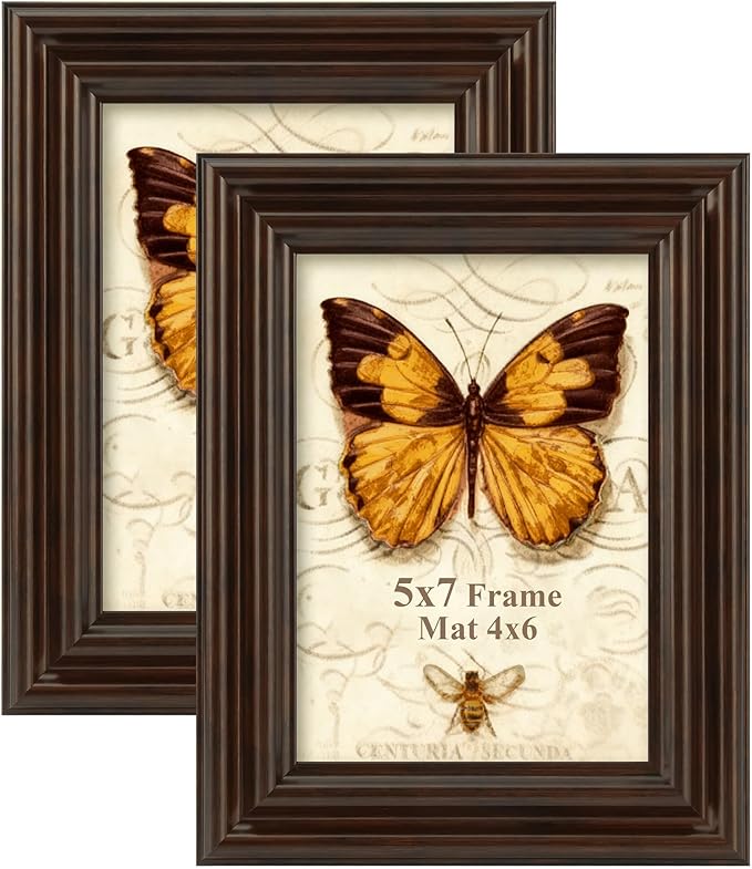 5x7 Picture Frame, 2 Pack Ornate Vintage 5 x 7 Photo Frame with Real Glass, 5 by 7 Poster Frames for Wall or Tabletop, Display Poster Frame 4x6 with Mat or 5x7 without Mat for Antique Déco, Brown