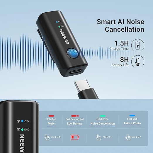 NEEWER KM23C Wireless Lavalier Microphone Compatible with iPhone Android Tablet PC Laptop, Omnidirectional 48K/24Bit 20-20KHZ AI Noise Cancellation Mute 70m Range 32h Total Battery (1x RX + 4X TX)