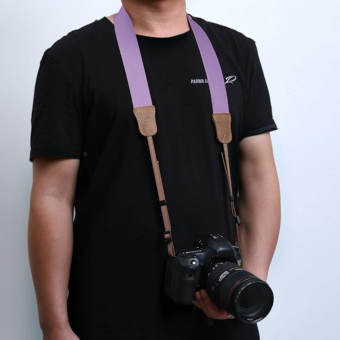 Padwa Lifestyle Light Purple Camera Strap - Double Layer Cowhide Ends,1.5" Wide Pure Cotton Woven Adjustable Universal Camera Straps for All DSLR Cameras,Great Gift for Men & Women Photographers