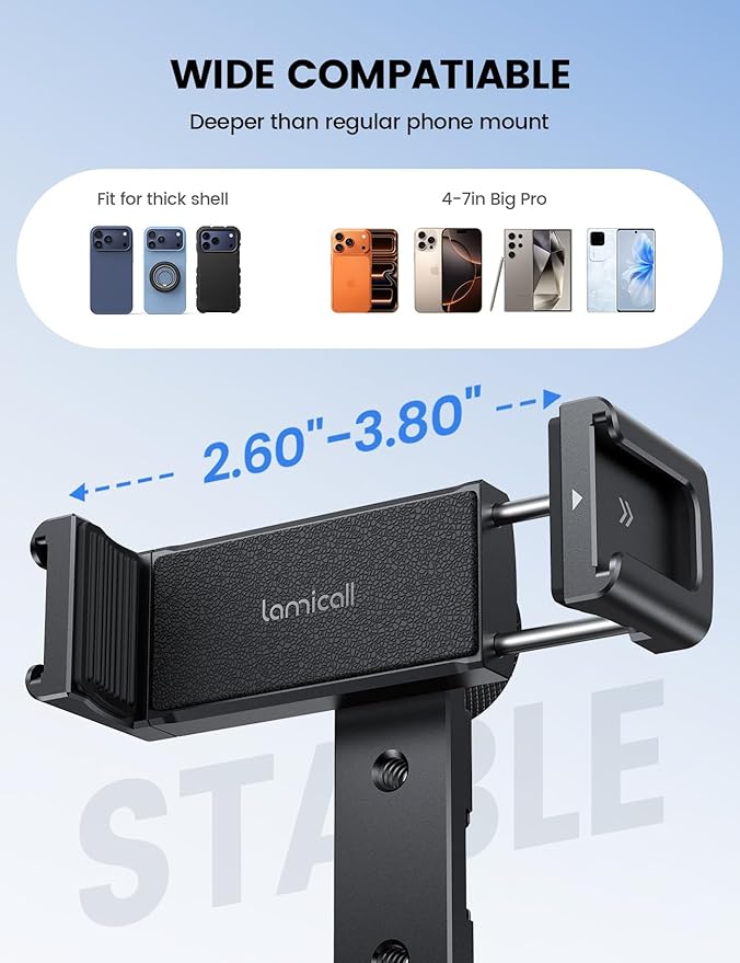 Lamicall Aluminum Phone Tripod Mount with 3 Cold Shoes & Arca Port & 1/4" Thread, [Wider Clamp] Camera Phone Holder Adapter Valentines Day Gift for iPhone 17 Smartphone Tripod Cell Phone Holder