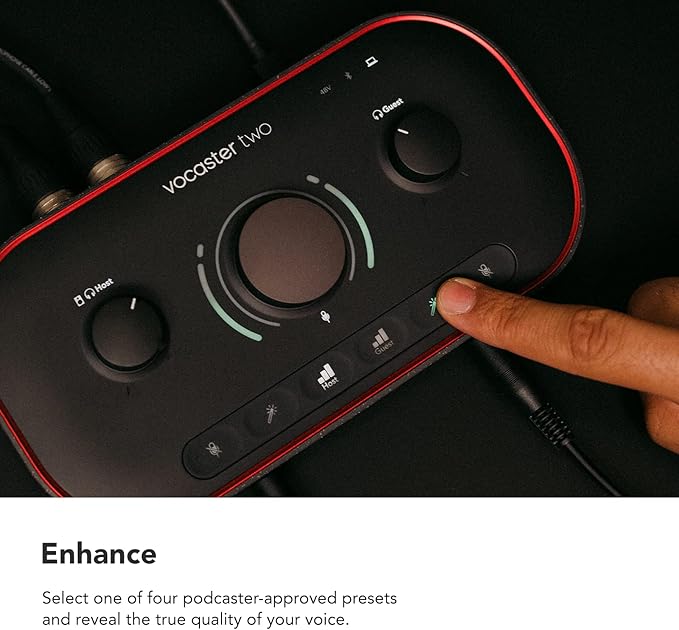 Focusrite Vocaster Two — Podcasting Interface for Recording Host and Guest. 2 Mic Inputs and Headphone Outputs, with Auto Gain, Enhance, and Mute. Small, Lightweight, and Powered by Computer