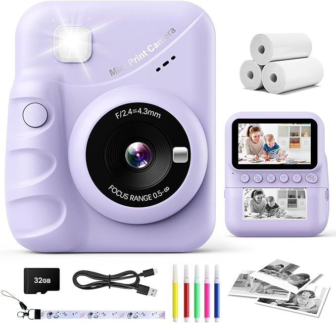 Kids Camera Instant Print, 3.0'' Screen 48MP Photo Instant Camera for Kids with 32GB Card, 1080P HD Digital Child Printable Camera, Gift for 3-12 Year Old Girls Boys (Purple)