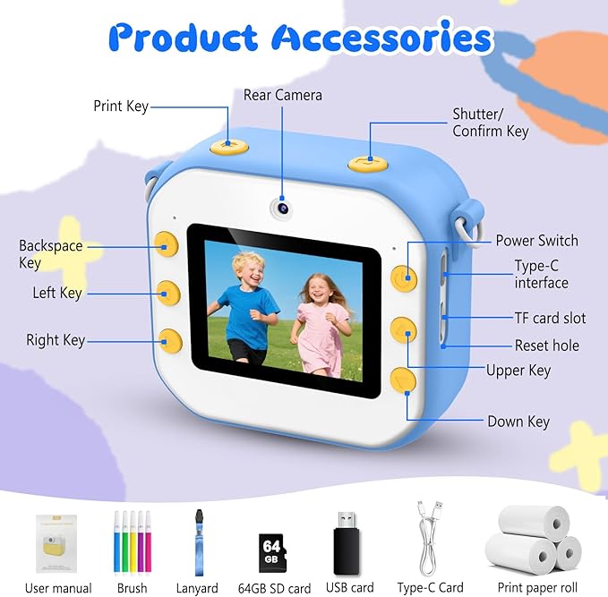 64GB Kids Camera Instant Print, 48MP New Year Birthday Gifts Instant Print Camera for Kids with Print Paper, 1080P Dual-Lens Selfie Instant Cameras Video for Girls Age 3 4 5 6 7 8 9 10 11 Toddler Toy