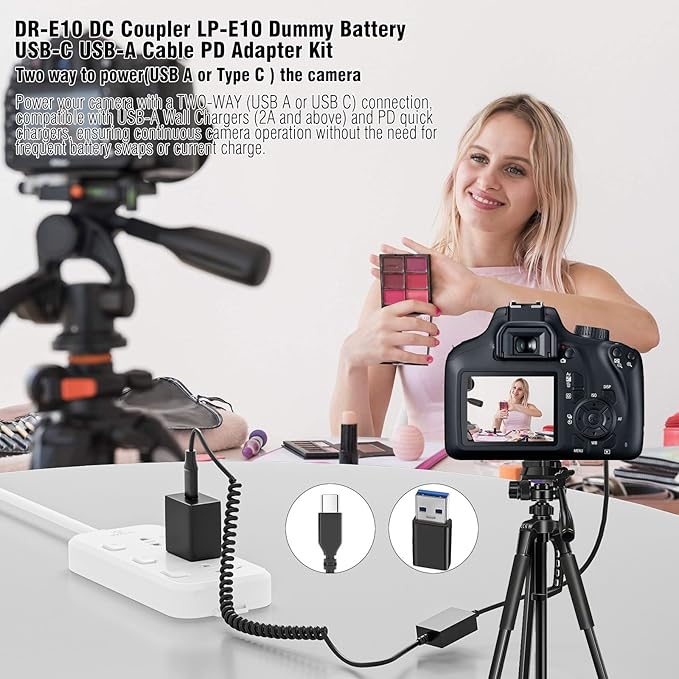 DR-E10 DC Coupler LP-E10 Dummy Battery USB C Cable Replace ACK-E10 AC Power Adapter Compatible with Canon EOS Reble T7 T6 T5 T3 T100 1100D 1200D 1300D 1500D 2000D Kiss X50 X70 X80 X90