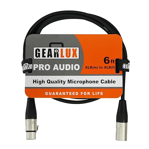Gearlux XLR Microphone Cable, Fully Balanced, Male to Female, 6 Feet - 1 Pack