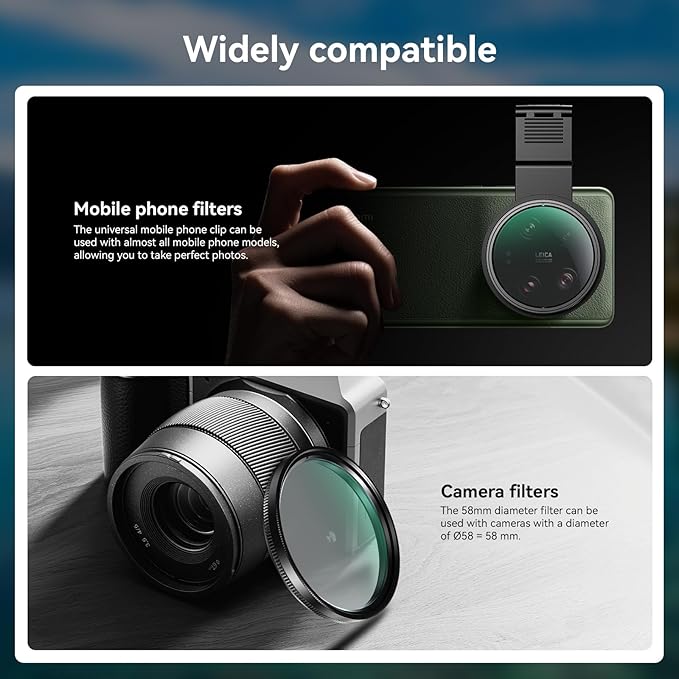 APEXEL CPL 58mm Circular Polarizer Polarizing Filter for iPhone/DSLR for iPhone Camera Lens 16 15 14 13 12 Pro Max Samsung Galaxy Huawei with Adapter Ring, Universal Clip, Cold Shoe