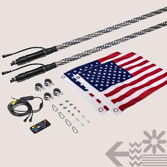 True Mods 2pc 3ft Spiral RGB LED Whip Light for UTV ATV [RF Wireless Remote] Flag Waterproof LED Lighted Whip CB Antenna Pole Stick for RZR Can-Am Polaris SxS 4x4 Quad Dune Buggy 4 Wheeler Accessories