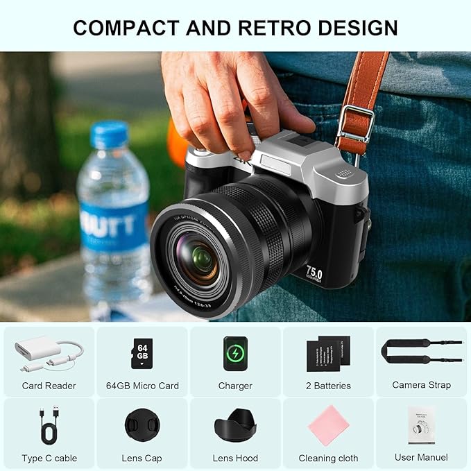 Yatao Cameras for Photography & Vlogging,75MP 4K Digital Camera with Flip Touchscreen, 10X Optical Zoom, WiFi, 64GB TF Card, Card Reader, Compact YouTube Camera for Travel, Beginners, Creators