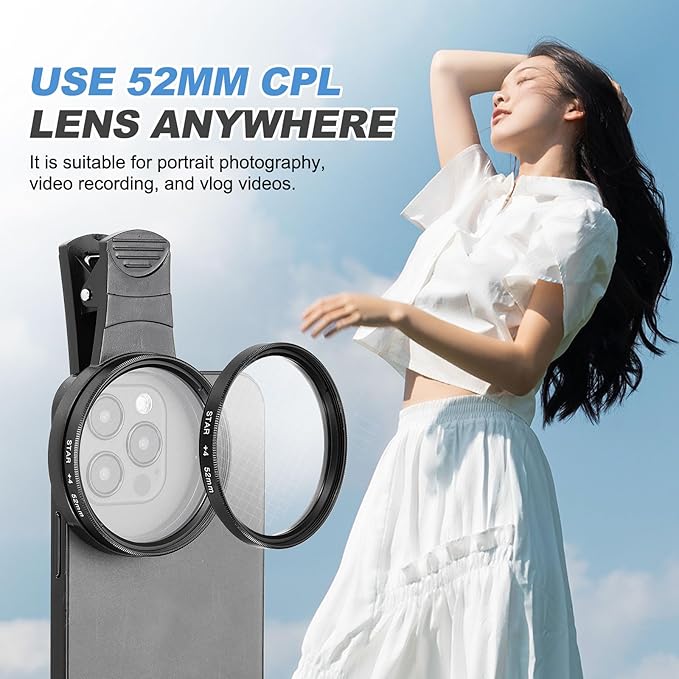 PATIKIL 52mm Phone Camera Lens, Clip-On 4 Point Star Filter Circular Polarizing Lens for Most Smart Phones and DSLR Cameras, Black