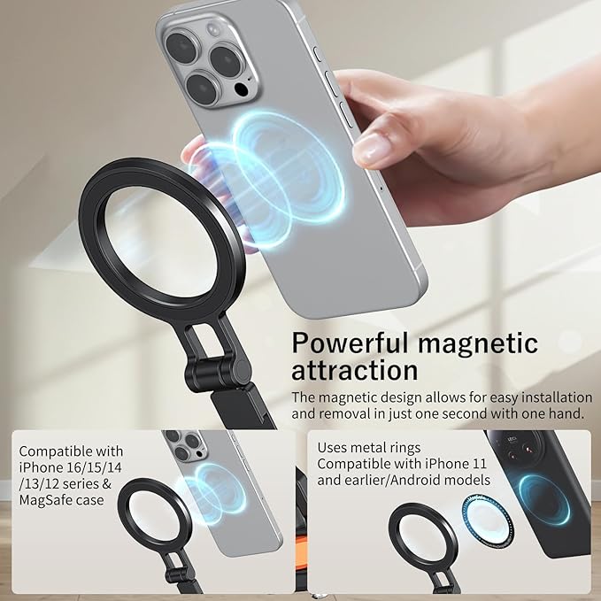 VRIG Phone Tripod Mount for MagSafe, Aluminum Magnetic Tripods Phone Mount Adapter with 1/4” Screw Thread & 3/8" for Magsafe Phone Adapter Compatible with iPhone 16 15 14 13 12 Series