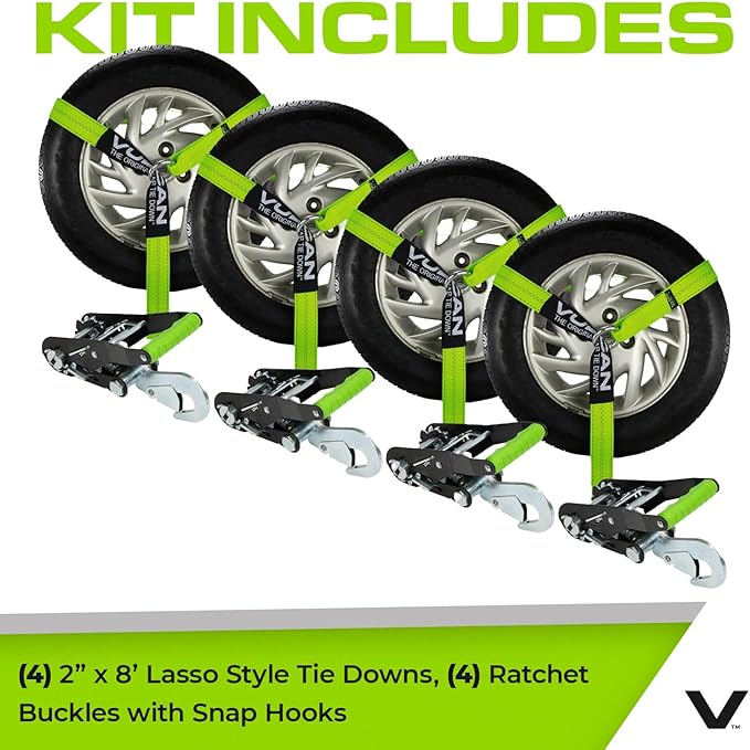 VULCAN Car Tie Down with Snap Hooks - Lasso Style - 2 Inch x 96 Inch - 4 Pack - High-Viz - 3,300 Pound Safe Working Load