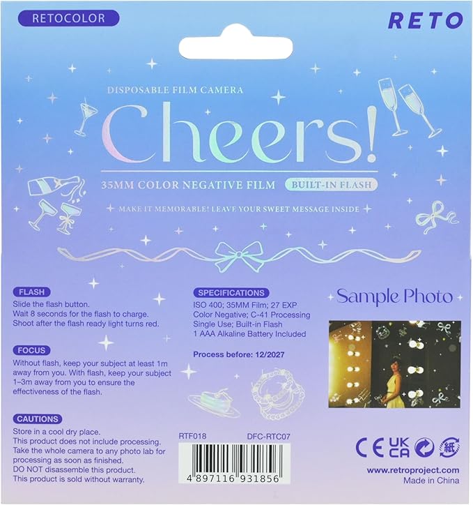 Retocolor Cheers 35mm Disposable Film Camera 27EXP, ISO400, Color Negative Film, Focus Free, Easy to Use, Built in Flash, Single Use (Film and Battery Included) (Cheers)