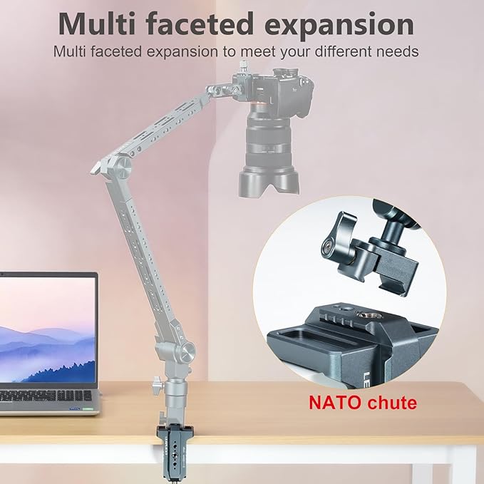 Heavy-Duty Super Clamp for Magic Arm，Aluminum alloy material，1/4"& 3/8"Threads and NATO Rail，Load Capacity: Up to 50 kg / 110 lbs， Desktop or Round Tube Mounting for Tripods and Magic Arms