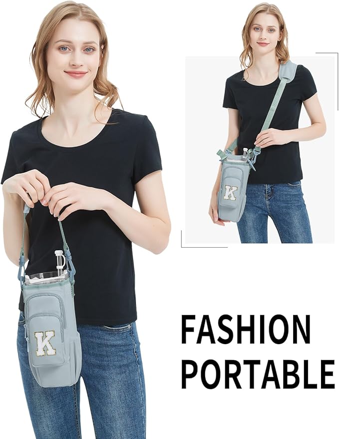 sportsnew Birthday Gifts for Women Personalized Initial Water Bottle Holder with Strap fits most 40oz Tumbler with Handle Water Bottle Carrier Bag with Phone Pocket & Straw Topper Tumbler Accessories
