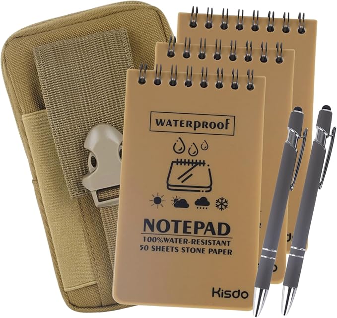 6 Pcs Waterproof Notebook Set, Write in The Rain Notebook, All Weather Notebook, Police Notepad, Field Notes Notebooks, 3 × 5" Pocket Notebook with Pen and Cover for Outdoor Activities Recording (Khaki)
