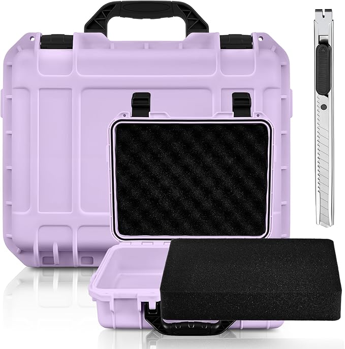 Relaxweex 1 Pcs 14.3 x 11.4 x 4.5 Inch Waterproof Hard Case with DIY Customizable Foam Insert Portable Protective Case with Knife for Camera Drones Equipments Tools Test Instruments (Purple)