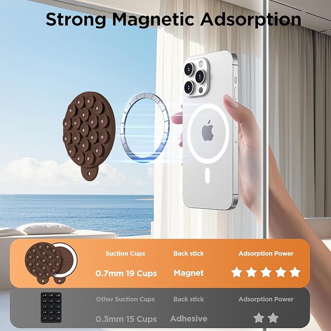 Magnetic Suction Cup Phone Mount with MagSafe, Silicone Hands-Free Grip Holder for iPhone Case and Android, Mirror Shower Phone Stand for Makeup FaceTime Gym Kitchen Bathroom, Chocolate