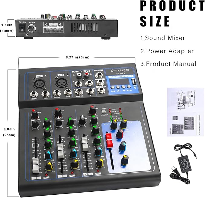4 Channel Mixer With 48v Phantom Power,USB Audio Mixer Board For Live Show Streaming Recording Music Stage Karaoke