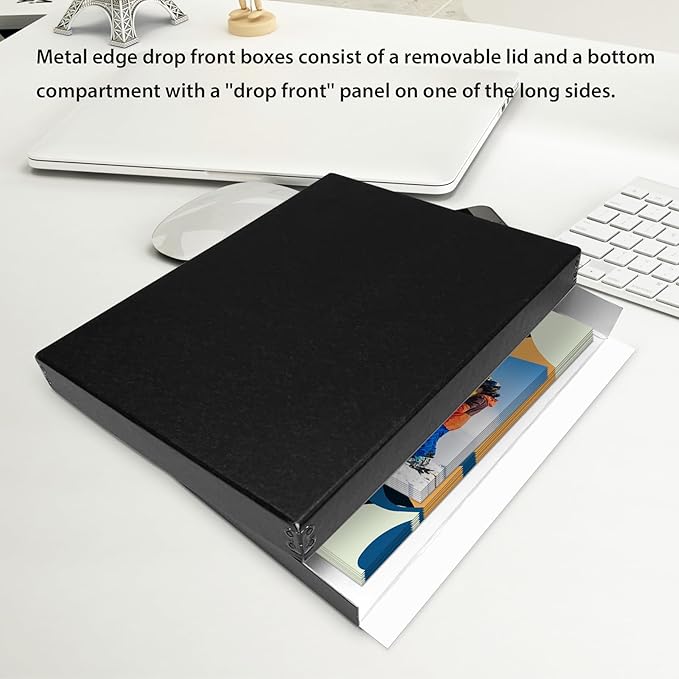 Lineco Museum Archival Storage Box, 11.75x17.75x1.5 in. Drop Front Design. Acid-Free with Metal Edge. Organize Photos, Pictures, Prints, Documents, Crafts, DIY. Black, 1 Pack