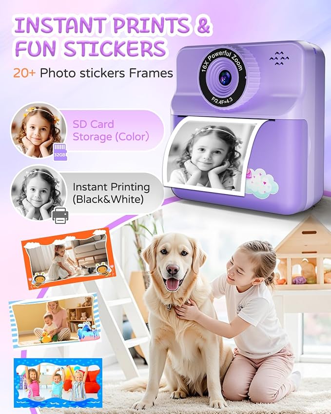 Instant Print Camera for Kids, Digital Selfie Cameras with Carry Case & 5-Color Paper, Portable Toddler Toy Christmas Birthday Gifts for 3 4 5 6 7 8 9 10 11 12 Year Old Girls - Purple