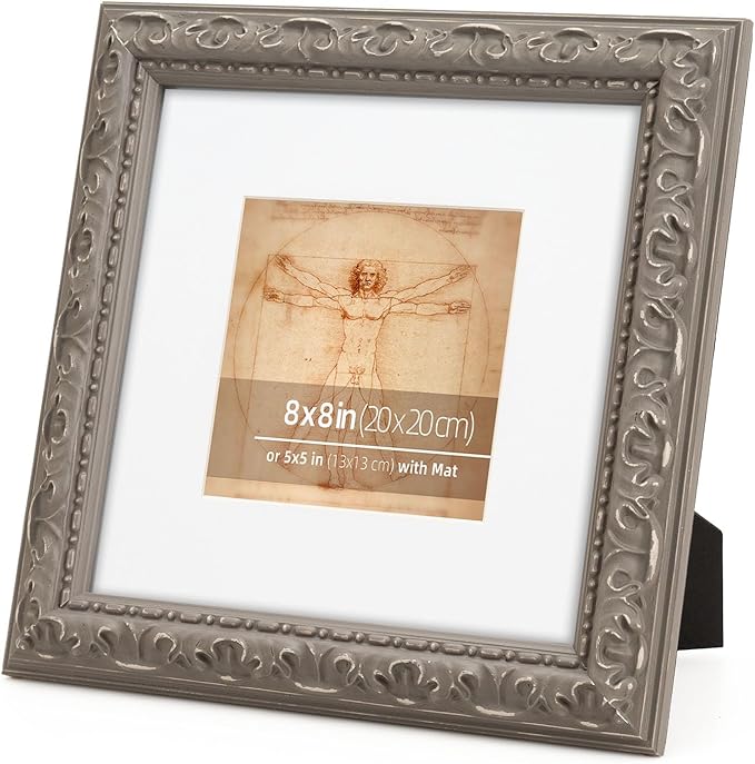 8x8 inch Distressed Wood Embossed Scroll Motif Vintage Antique Rustic Picture Frame, White Mat for 5x5 in Photo, Art Print Drawing, Wall Hanging or Desktop Display- Grey