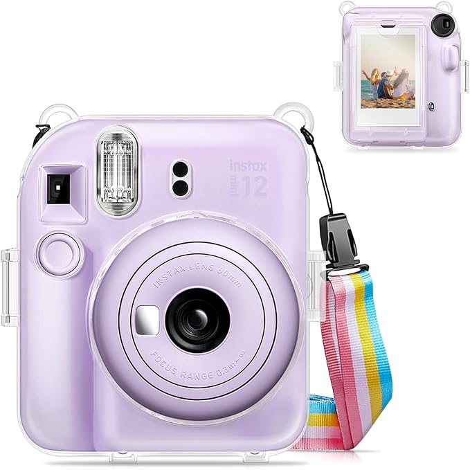 Fintie Protective Clear Case for Fujifilm Instax Mini 12 Instant Camera - Crystal Hard Shell Cover with Upgraded Film Pocket for Storing Photos & Removable Shoulder Strap