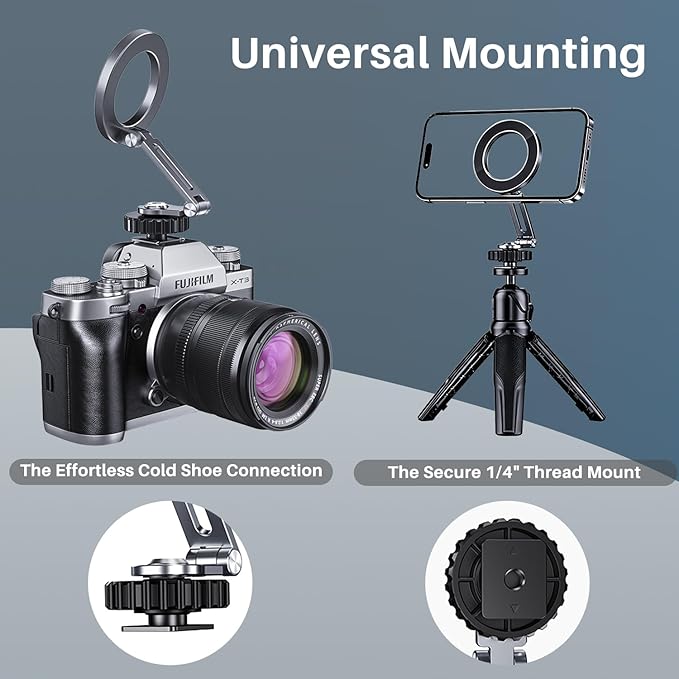 Magnetic Metal Phone Mount with Cold Shoe & 1/4-20 Thread, 360° Rotatable Aluminum Phone Tripod Camera Holder Adapter for Content Creators, Compatible with Magsafe iPhone 17-12 Series
