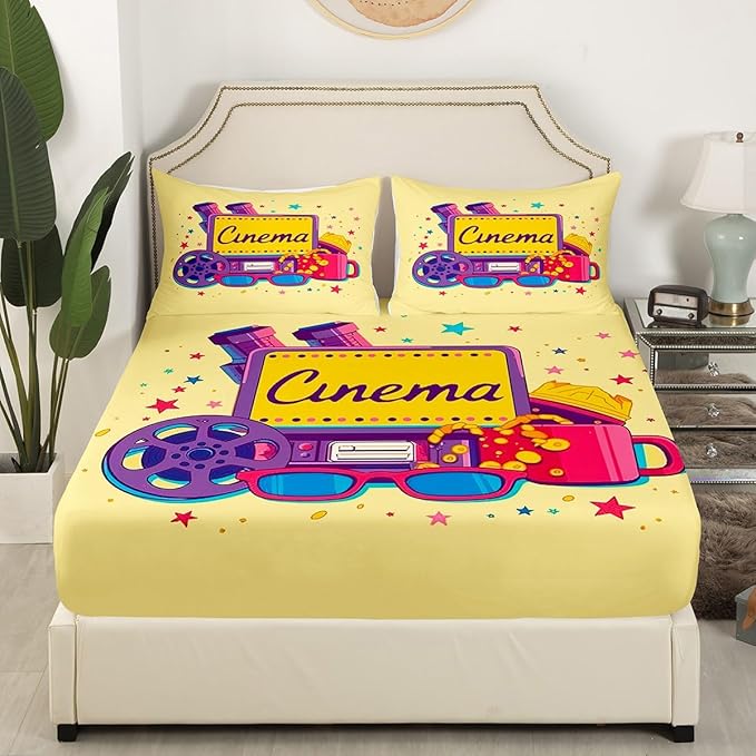 Erosebridal Movie Themed Bed Sheets Set for Boys Girls Family Movie Theater Decor Sheet Set King Size Film Lover Modern Sheets Home Theater Decor Fitted Flat Sheet 4 Pcs