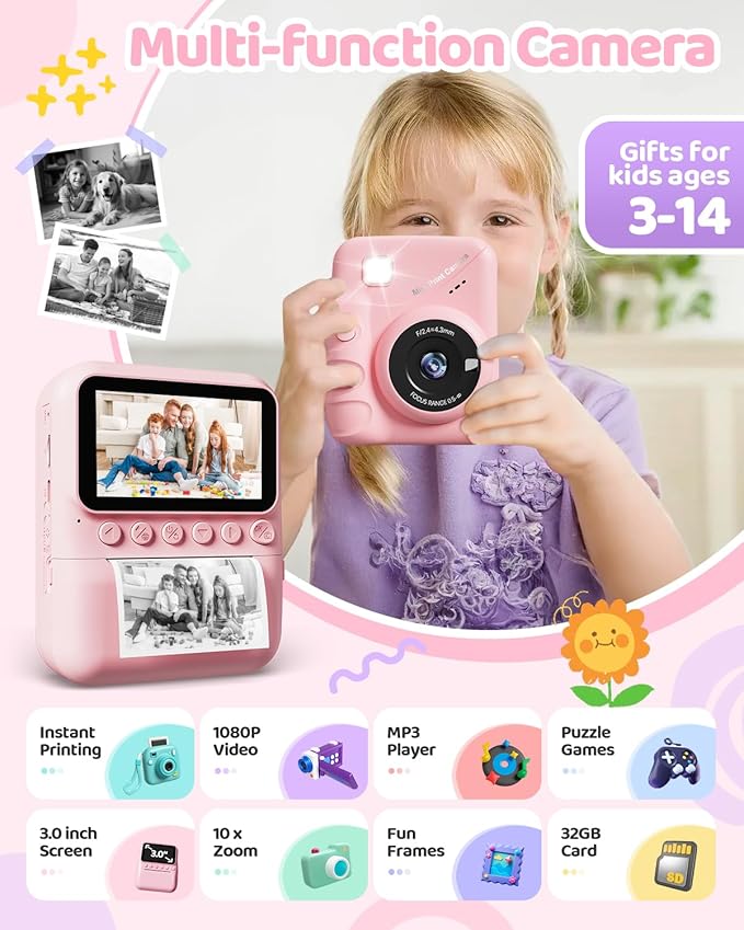 TIATUA Kids Camera Instant Print for Girls Ages 3-14, 3-inch HD Screen Camera for Kids with Printing Paper, 1080P Digital Toddler Toys for 4 5 6 7 8 9 10 11 12 Years Old (Pink)