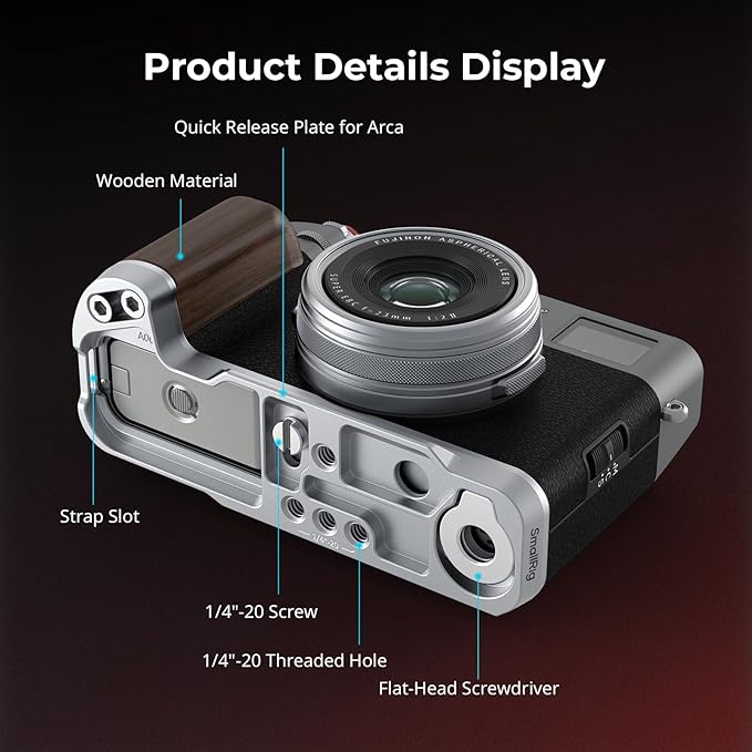SMALLRIG X100VI / X100V Handgrip, Wooden L-Shape Grip for FUJIFILM X100VI / X100V Camera, Built-in Quick Release Plate for Arca, with Shutter Button and Hot Shoe Cover, Silver - 4804