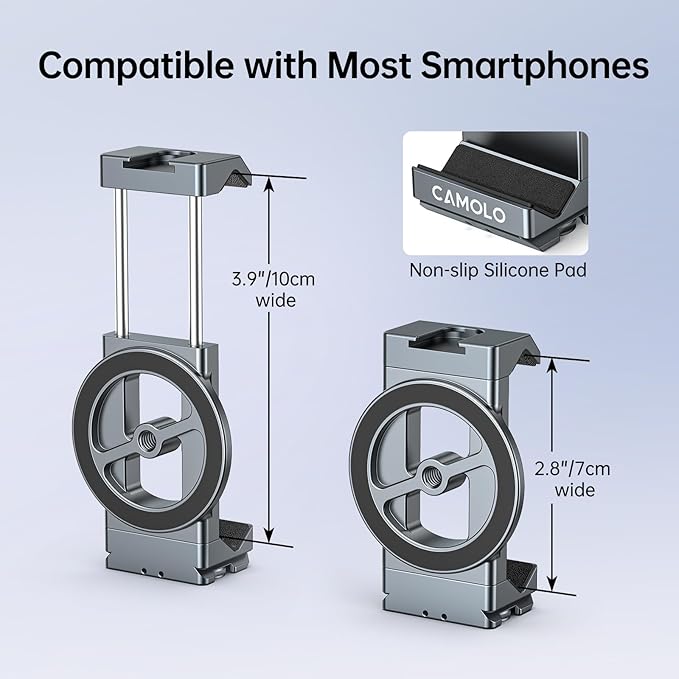 Metal Phone Tripod Mount with Arca Port & Magnetic 1/4"-20 Action Camera Adapter, Adjustable Smartphone Tripod Adapter Clamp Cell Phone Stand Holder Compatible with iPhone 16 Plus PRO Max GoPro