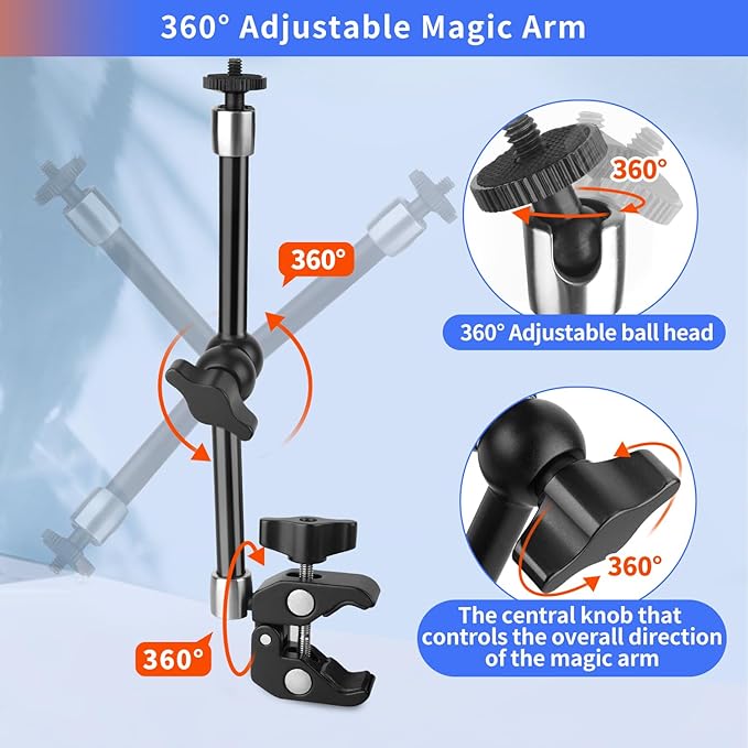 Hemmotop Magic Arm Camera Mount Clamp, 9.8 in Adjustable Articulating Friction Arm Max. Load 6.6 LBS, for iPhone Monitor, Camera Mounts & Clamps Kit MS01 Black
