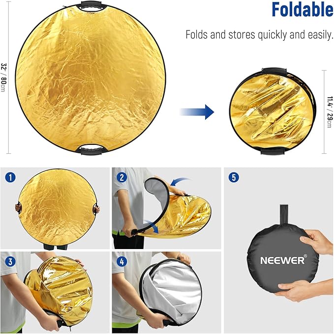 NEEWER 80cm Light Reflector with Handle & 3/8" Thread, 5 in 1 Foldable Round Light Diffuser, Translucent/Silver/Gold/White/Black for Studio or Outdoor Photo Lighting, RF-80II
