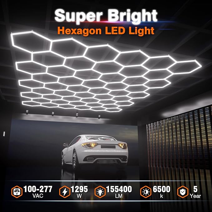 Hexagon Garage Lights: 1295W 185 Pack 50 Grids LED Garage Lights - Easy Install 6500K Super Bright Honeycomb Light for Warehouse, Car Detailing Shop, Exhibition Hall, Gym